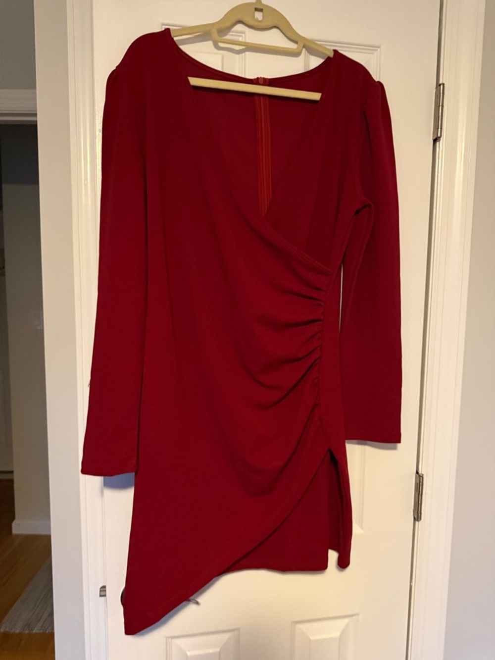 Women's Red Ruched Wrap-Front Dress